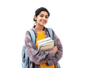 young indian female student with books and a backpack
