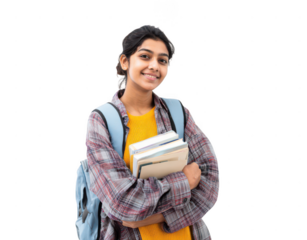 young indian female student with books and a backpack