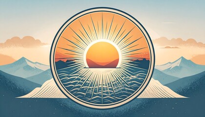Circular emblem of a vibrant sun rising over a wavy sea with distant mountains.