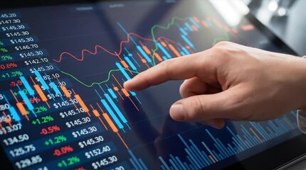 Hand Touching Digital Screen with Financial Stock Market Charts and Data for Business Analysis and Investment - Powered by Adobe