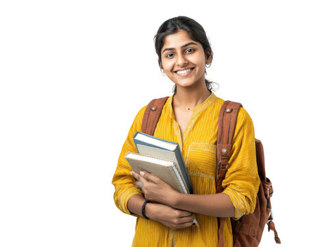 young indian female student with books and a backpack