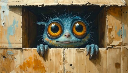 Curious Blue Furry Creature with Huge Orange Eyes Peeking from Rustic Cardboard Box
