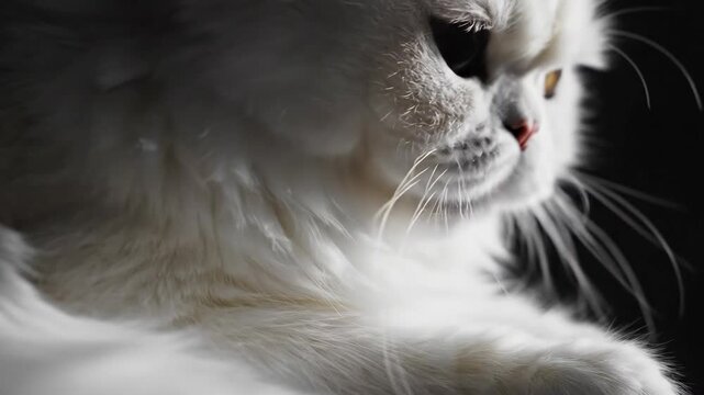 Close-up of a fluffy, white cat with dark eyes and a pink nose against a dark background in side profile