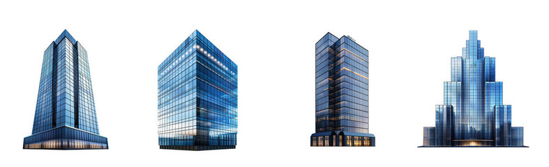 Four modern glass skyscrapers showcasing architectural designs illuminated at dusk on transparent background high quality professional