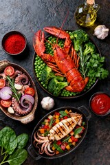 Colorful Seafood Arrangement Featuring Lobster, Octopus, and Mediterranean Garnishes
