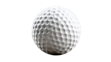 Golf ball with dimpled texture, white sport equipment for playing golf game. Transparent background for easy layering