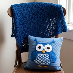 A wooden chair displays a knitted blue blanket draped over the back and a decorative owl pillow on the seat
