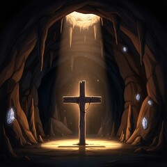 A wooden cross is illuminated by light streaming into a cavern from above, creating a dramatic, ethereal scene