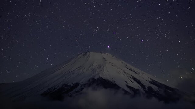 "Colorful Orion setting behind snowy Mt. Fuji &ndash; HDR (PQ) timelapse from Yamanakako observation deck". Comatic aberration visible on peripheral stars.