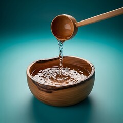 A wooden ladle pours water into a wooden bowl, creating ripples against a teal background. The scene is illuminated to accentuate the transparent water
