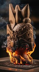 A wooden, ornately carved sculpture atop flames, generating smoke, detailed craftsmanship, featuring intricate designs