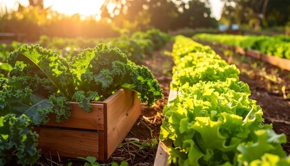 Fresh kale in a wooden crate and lettuce rows in a garden during a golden sunset.