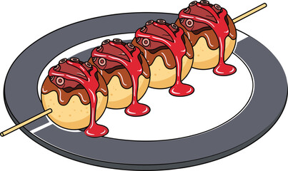 Delicious Japanese takoyaki street food illustration on plate with skewered octopus balls and savory sauce, traditional Asian snack art © Asha Creatives