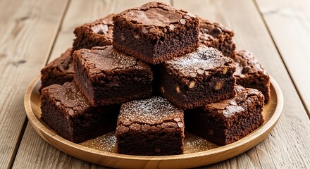 A wooden plate showcases a delicious pile of rich chocolate brownies, each square inviting a sweet indulgence. The surface suggests a tender texture