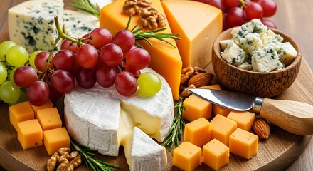 A wooden platter displays a gourmet assortment various cheese types, grapes, nuts, rosemary sprigs, and cheese cubes