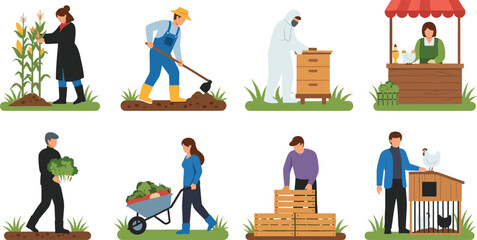 Farm workers performing various agricultural activities harvesting crops, gardening, beekeeping, selling produce and caring for livestock, rural farming illustration © Asha Creatives