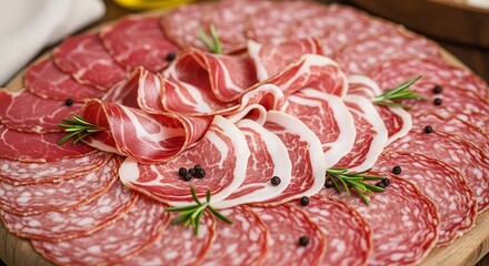 A wooden platter displays an array of cured meats and salami slices. Garnished with rosemary sprigs and peppercorns