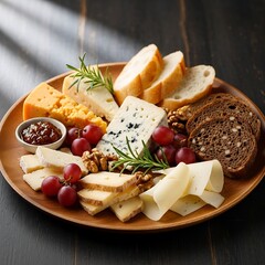 A wooden platter is laden with an assortment of cheeses, fruits, nuts, and breads, artfully arranged and ready to be enjoyed