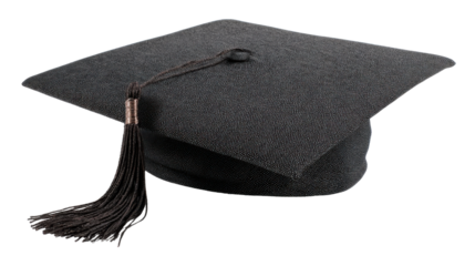 Black graduation cap with tassel symbolizing academic achievement, education, and university ceremony success on transparent background