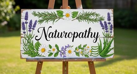 A wooden sign on an easel, reading "Naturopathy" with floral elements. Lavender, chamomile, rosemary, and aloe accent it