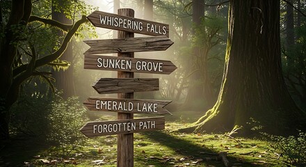 A wooden signpost directs towards various mysterious locations amidst a lush, sun-dappled forest scene