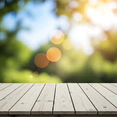 A wooden surface against a blurred backdrop of greenery, sunlight peeking through branches with bokeh effects