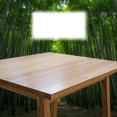 A wooden table sits centered with a white rectangle floating above against a backdrop of dense bamboo. The light shines