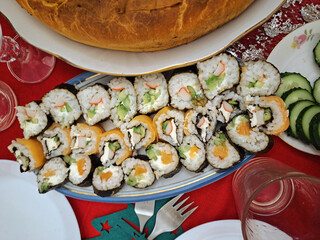 Homemade sushi rolls platter