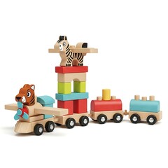 A wooden toy set comprising a small airplane with a tiger head, a train, and a tower with a zebra