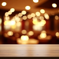 A wooden table in the foreground blends with a blurred background of warm, inviting lights in a dim space