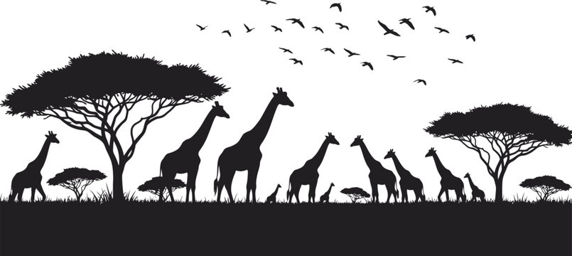 Silhouette of giraffes and trees with birds flying in the african savannah landscape