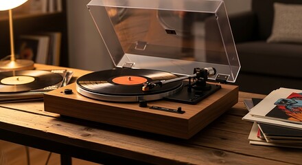 A wooden turntable with a clear cover sits on a rustic wooden table, next to a lamp and record albums. Warm lighting