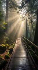 A wooden walkway winds through a misty forest bathed in sunlight, creating an ethereal and tranquil ambiance