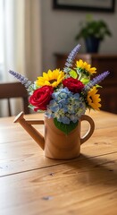 A wooden watering can overflowing with colorful flowers sits atop a wooden table. Natural light streams in from a window behind