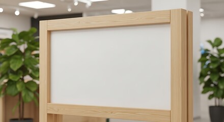 A wooden-framed display board with a blank white surface stands indoors, in front of leafy plants, with the store's interior visible