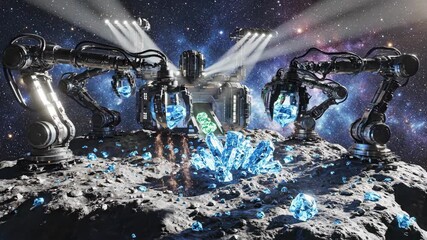 Futuristic Space Station Mining Asteroid for Resources in the Galaxy.