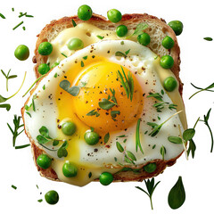 A vibrant and appetizing fried egg with scattered peas atop a slice of toast on transparent background