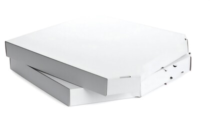 Two stacked blank white cardboard pizza boxes isolated on a white background for mockup or branding.