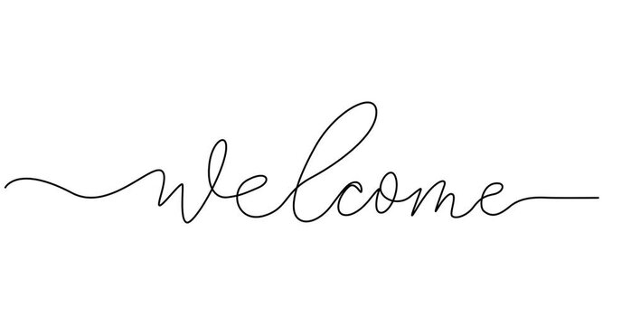 Animated self drawing of "Welcome" lettering in one line art style. Word drawing with editable black stroke on white background. Vector Illustration. One continuous line. Animated, motion, video,