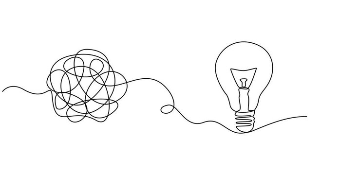 Animated self drawing of  unraveling to glowing light bulb animation continuous one line drawing, Animated One continuous line drawing of tangled and scribble wires with ,Animated, motion, video,