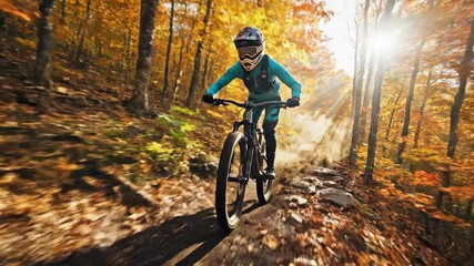 Mountain biker speeding down a trail in a vibrant autumn forest with colorful leaves.