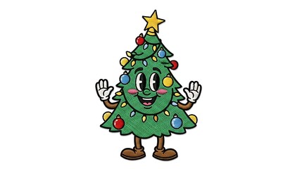 Cute Cartoon Christmas Tree Mascot Character with Happy Face Embroidered Patch