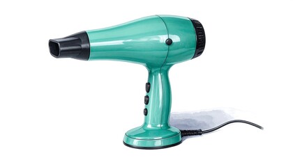 Vintage style teal green hairdryer with black nozzle isolated on a white background.