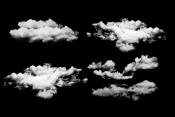 White clouds collection isolated on black background, cloud set on black. fluffy white cloudscape...