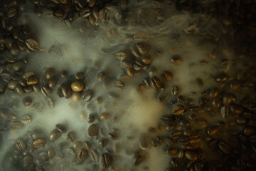 Roasted Coffee Beans with Steam and Haze Background