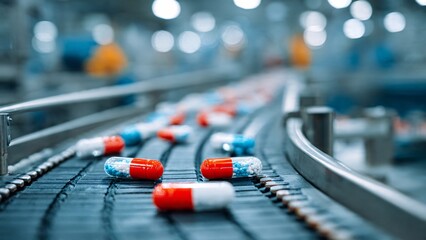 Medicine on a conveyor belt, production of drugs, manufacturing facility, injectors, vials, flasks. Epinephrine, antihistamine, allergy, antivirus, antibiotic medication. Line with pills, glass bottle