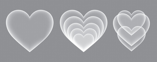 Set of Three Glowing White Neon Hearts with Transparent Glass Blur Effect, Modern Romantic Love Symbols for Valentine's Day Design Elements © Pollob