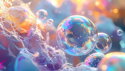 Vibrant Iridescent Bubbles Floating Amidst Soapy Foam with a Soft, Colorful Bokeh Background
