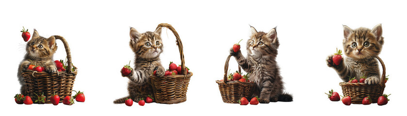 Four adorable tabby kittens with woven baskets filled with vibrant red strawberries on transparent background