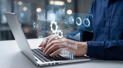 Professional Working on Laptop with Holographic Data Interface, Visualizing Business Analytics and Technology Trends for Digital Transformation - Powered by Adobe